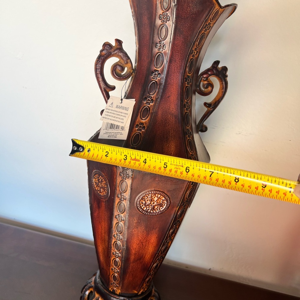 Antique-Style Metal Brown Embossed Decorative Floor Vase with Handles 18” tall - Picture 4 of 4
